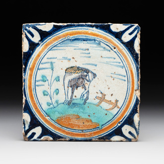A polychrome Dutch Delft maiolica 'horse' medallion tile, late 16th C.