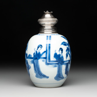 A Chinese blue and white 'Long Eliza' tea caddy with silver mount and cover, Kangxi