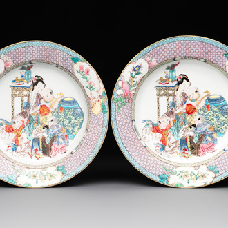 An extremely fine pair of Chinese famille rose ruby-back eggshell plates with a lady and playing boys, Yongzheng