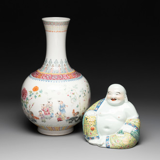 A Chinese famille rose 'boys and roosters' vase and a Milefo Buddha, Guangxu and Zhu Mao Ji 朱茂記造 mark, 19/20th C.