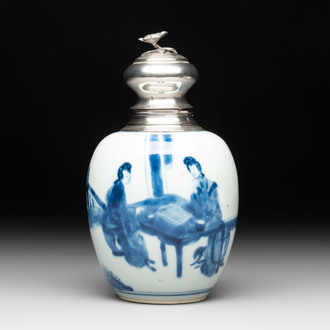 A Chinese blue and white 'Long Eliza' tea caddy with silver mount and cover, Kangxi