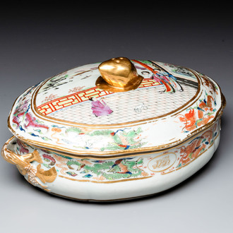 A Chinese Canton famille rose 'JFCB' monogrammed tureen and cover with narrative design, 19th C.