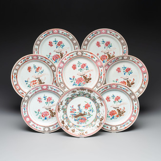 Eight Chinese famille rose plates with birds, Yongzheng/Qianlong