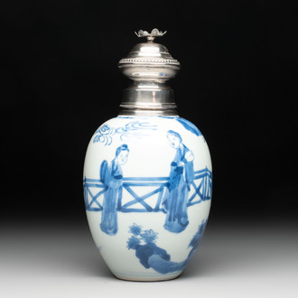 A Chinese blue and white 'Long Eliza' tea caddy with silver mount and cover, Kangxi