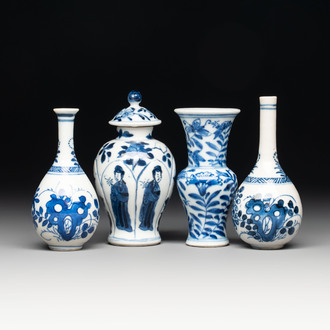 Four Chinese blue and white miniature vases, one with cover, Kangxi