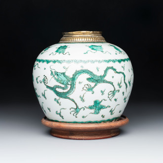 A Chinese green-enamelled 'dragon' jar mounted as a lamp, 18/19th C.