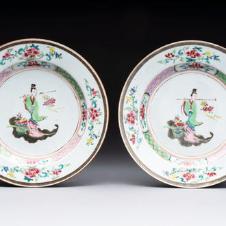 A pair of Chinese famille rose 'Lan Caihe' plates, Yongzheng
