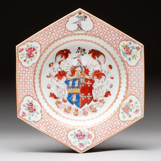 A rare Chinese famille rose hexagonal armorial soup plate with the arms of Jephson impaling Chase, Yongzheng, ca. 1735