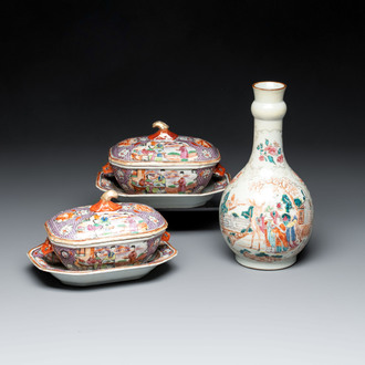 A pair of Chinese Canton famille rose 'mandarin subject' covered tureens and stands and a vase, Qianlong