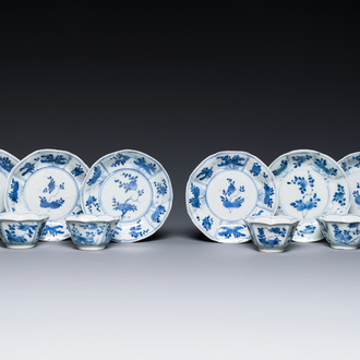 A set of six Chinese blue and white flower-shaped 'sanduo' cups and saucers, lingzhi mark, Kangxi