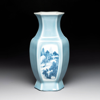 A Chinese blue and white claire-de-lune-ground 'landscape' vase, Yongzheng mark, 19th C.