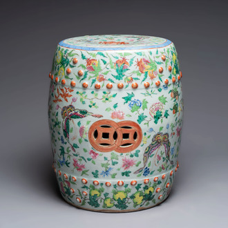 A Chinese famille rose celadon-ground garden seat, 19th C.