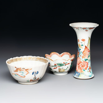 A Chinese famille rose 'tobacco leaf' vase, a pseudo-armorial cup and a famille verte cup, Kangxi/Qianlong