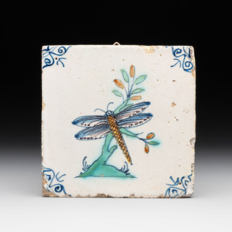 A polychrome Dutch Delft 'dragonfly' tile, 17th C.