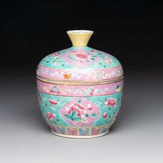 A Chinese famille rose turquoise-ground 'chupu' bowl and cover for the Straits or Peranakan market, 19th C.