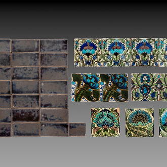 11 William de Morgan Persian-style tiles with floral design and 22 Poole pottery border tiles, 19/20th C.