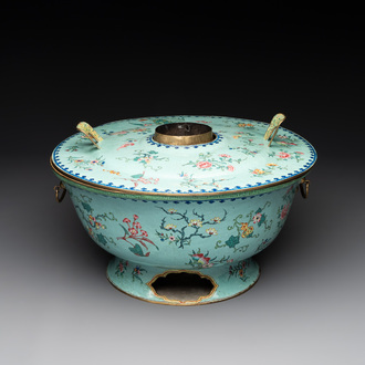 A large Chinese Canton enamel green-ground hot pot with floral design, 18th C.