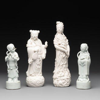 A pair of Chinese white-glazed figures and two Dehua blanc de Chine figures, Dehua 德化 and Xuande mark, 18th C. and later