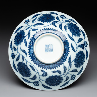 A Chinese blue and white 'flower scroll' bowl, Qianlong mark, 20th C.