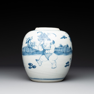 A Chinese blue and white 'playing boys' jar, 18th C.