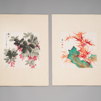 In the manner of Qi Gong 啟功 (1912-2005): 'Grapes' and 'Bamboo', ink and colour on paper, dated 1988
