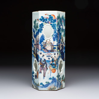 A Chinese doucai gilt-decorated 'Eight Immortals' openworked hexagonal hat stand, Yongzheng mark, 19th C.