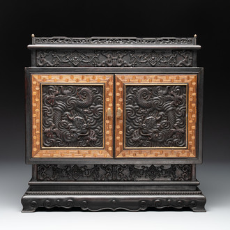 A Chinese zitan cabinet of curiosities with five-clawed dragons, 19/20th C.
