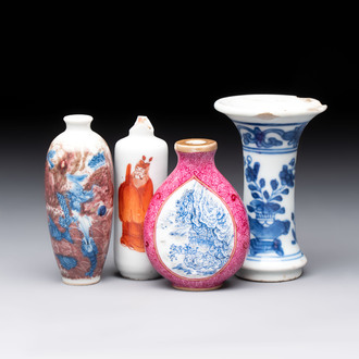 Three Chinese snuff bottles and a miniature vase, Kangxi and Qianlong marks, Kangxi and later