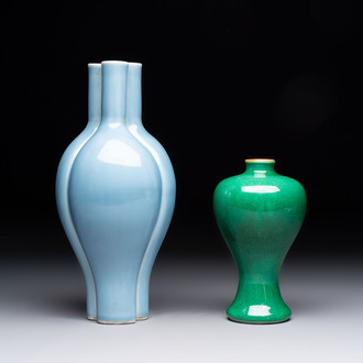 A Chinese claire-de-lune triple-neck vase and a green-glazed 'Meiping' vase, Qianlong mark, 19th C.