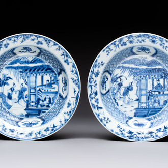 A pair of Chinese blue and white 'Xi Xiang Ji' plates, Yongzheng