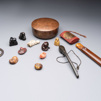 Nine various Japanese netsuke, an inro, a tsuba, a yatate, a bamboo kiseruzutsu and a covered bronze box, Edo/Meiji, 19th C.