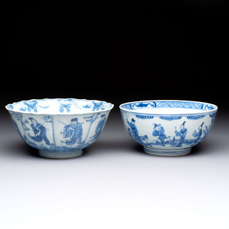 Two Chinese blue and white 'Xi Xiang Ji' and 'Eight Immortals' bowls, Ruo Shen Zhen Cang 若深珍藏 mark, Yongzheng and later