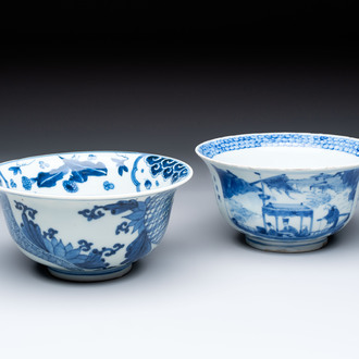 A Chinese blue and white 'Ode to the Red Cliff' bowl and a bowl with floral design, Yongle and Chenghua mark, Transitional period