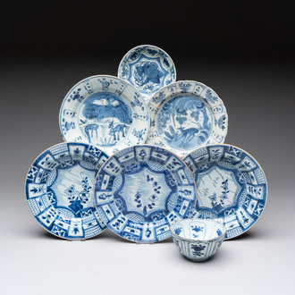 Five Chinese blue and white 'kraak' and 'kraak'-style plates, a saucer and a bowl, Ming/Qing