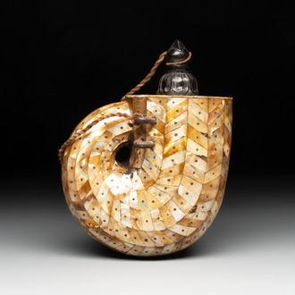 An Indo-Portuguese mother-of-pearl powder horn, Gujarat, 18th C.