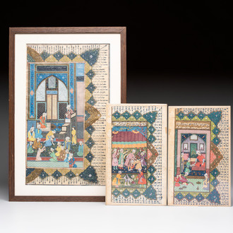 Three Persian miniatures with narrative design and calligraphy, Qajar, Iran, 18th C.
