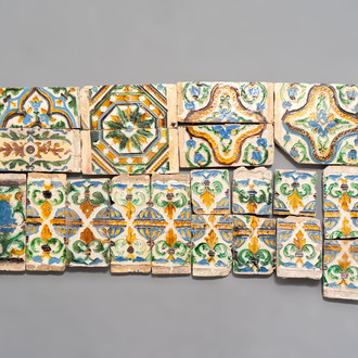 21 polychrome ceiling tiles and fragments, Spain, 15/16th C.