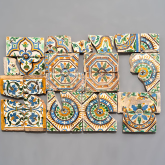 26 polychrome ceiling tiles and fragments, Spain, 16th C.