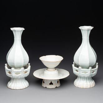 A pair of Chinese qingbai vases and a cup on a stand, 20th C.