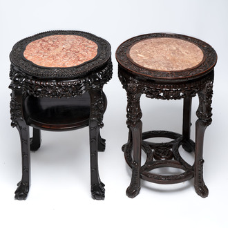 Two Chinese marble-topped hongmu two-tier stands, 19/20th C.