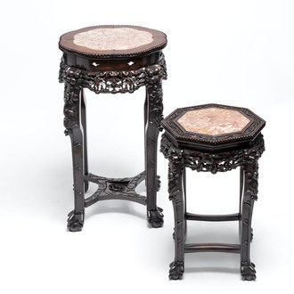 Two Chinese marble-topped hongmu stands, 19th C.