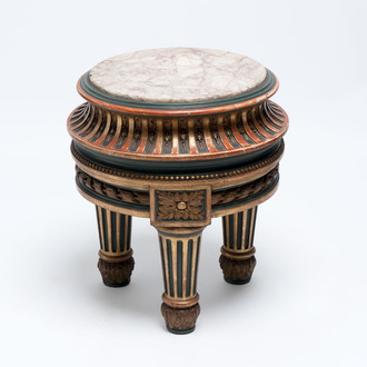 A neoclassical-style gilt-lacquered wooden tripod stand with a marble top, possibly France, 19/20th C.