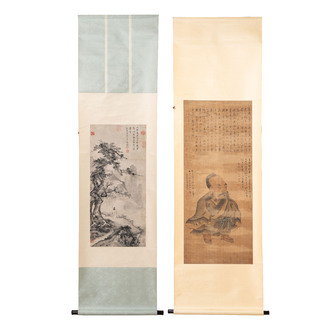 After Ma Yuan 馬遠: 'Sage in the mountain', ink and colour on paper, and after Wan Shouqi 萬壽祺: 'Strange Man', ink and colour on silk, 20th C.