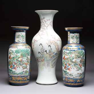 A pair of Chinese famille verte blue-ground gilt-decorated vases and a famille rose 'Elegant Beauties' vase, 19th C.