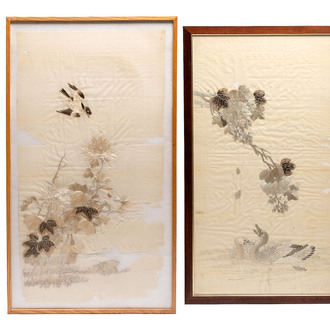 Two Chinese embroidered silk panels, 19/20th C.