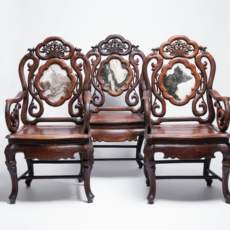 A set of three Chinese marble-inset hongmu chairs, 19th C.