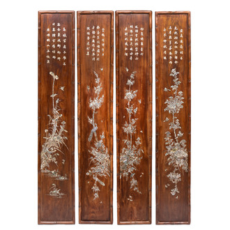 A set of four Chinese or Vietnamese mother-of-pearl-inlaid hongmu panels depicting birds among flowering branches, 19th C.