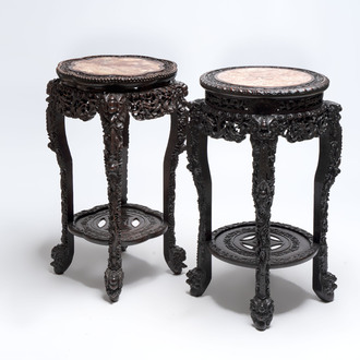 Two finely carved Chinese marble-topped hongmu stands, 19th C.