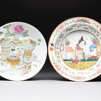 A Chinese famille rose 'Elegant Beauty' basin and a qianjiang cai 'Antiquities' dish, Guangxu mark, 19th C.