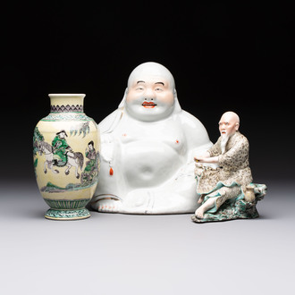 A Chinese verte biscuit vase, a sculpture of a fisherman and a Milefo Buddha, You Lin Ji 游林記造 and Zhu Mao Ji 朱茂記造 mark, 20th C.